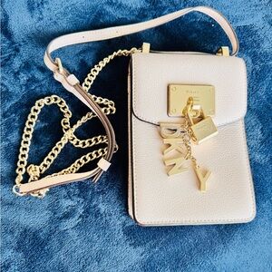 DKNY Blush Pebbled Leather Crossbody Phone Bag with Gold Charm